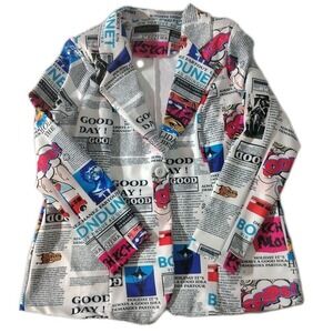 Touch Me Newspaper Print Blazer Women's Jacket Sz Large Padded Shoulder Stretch